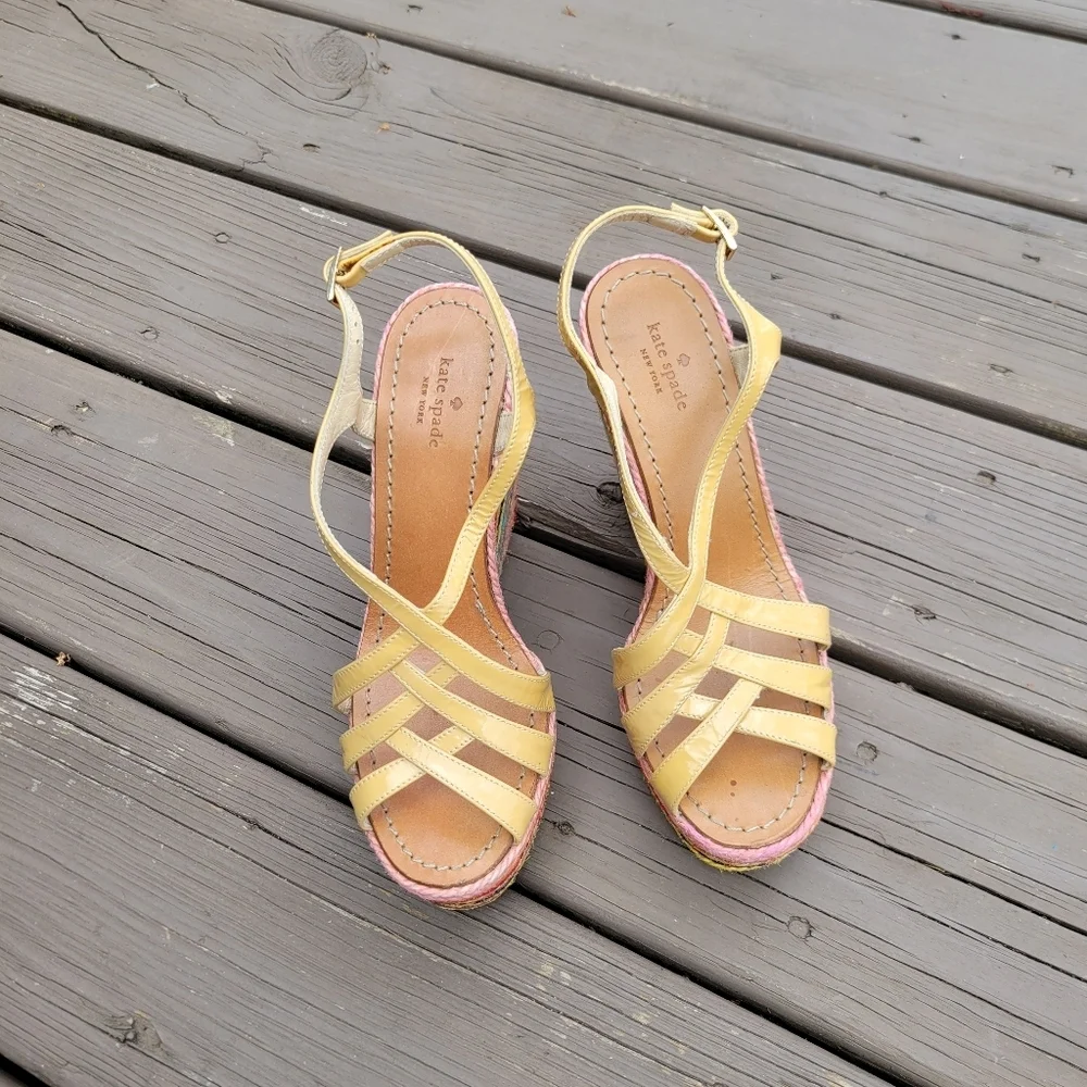 Kate Spade Lindsey Nude Leather‎ Strappy Rainbow Espadrille Platform Sandals 7.5